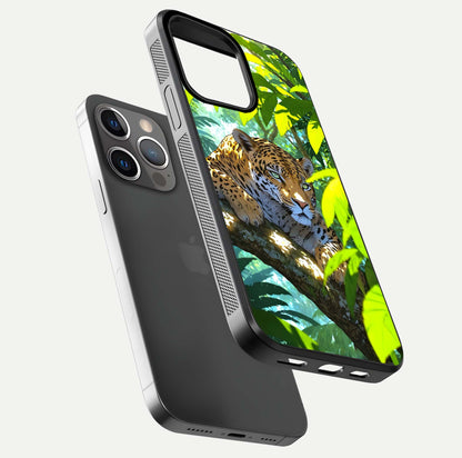 Leopard in Jungle Glass Case for iPhone 13 Pro floating dual-view mockup showing gloss finish and HD wild pattern