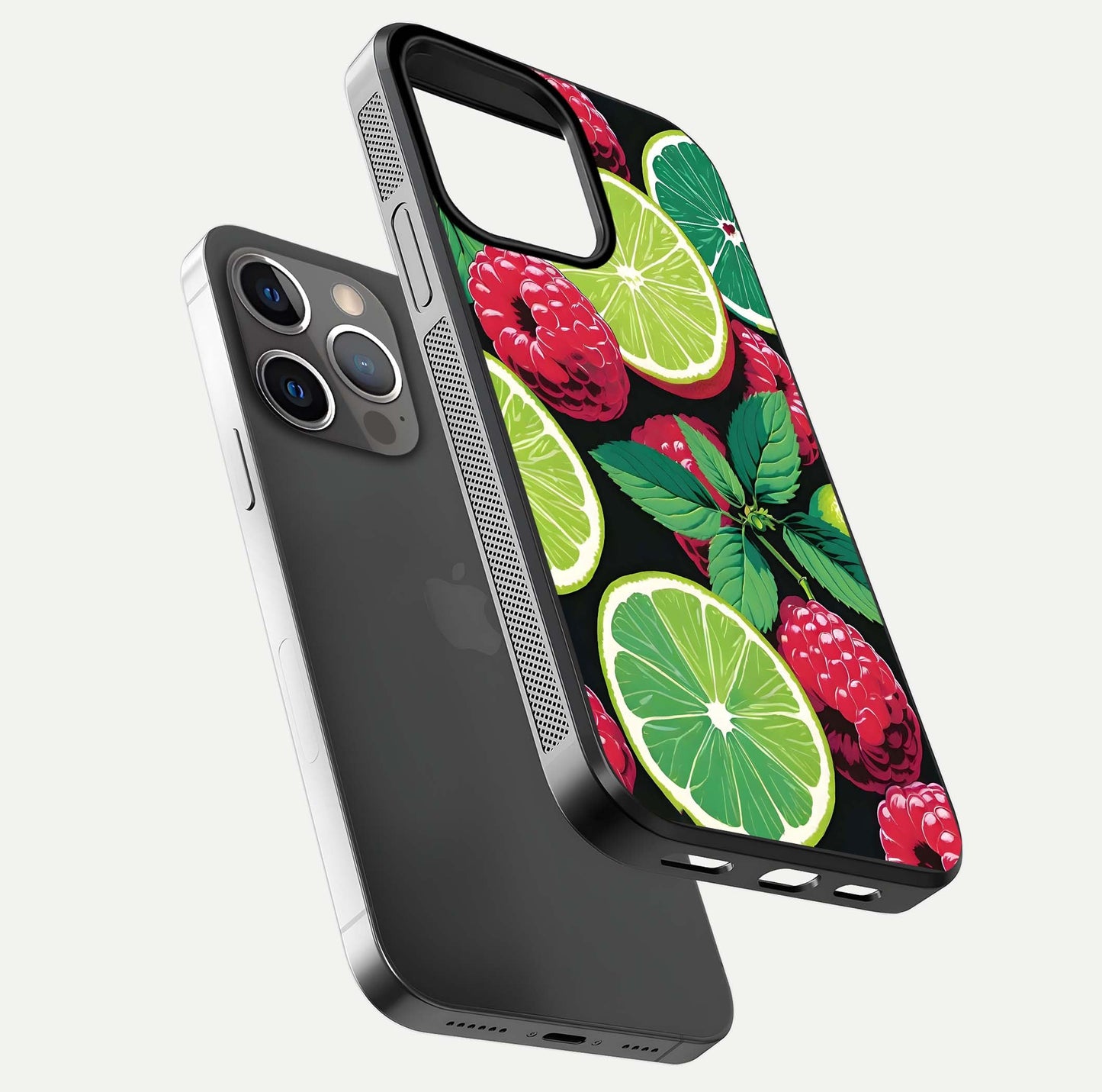 Lime and Raspberry Pattern Glass Case for iPhone 13 Pro floating dual-view showing HD gloss and vivid print