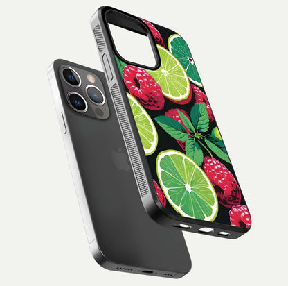 Lime and Raspberry Pattern Glass Case for iPhone 13 Pro floating dual-view showing HD gloss and vivid print