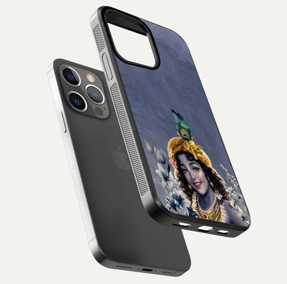 Lord Krishna Glass Case for iPhone 13 Pro floating dual-view showing glossy shine and divine artistic pattern