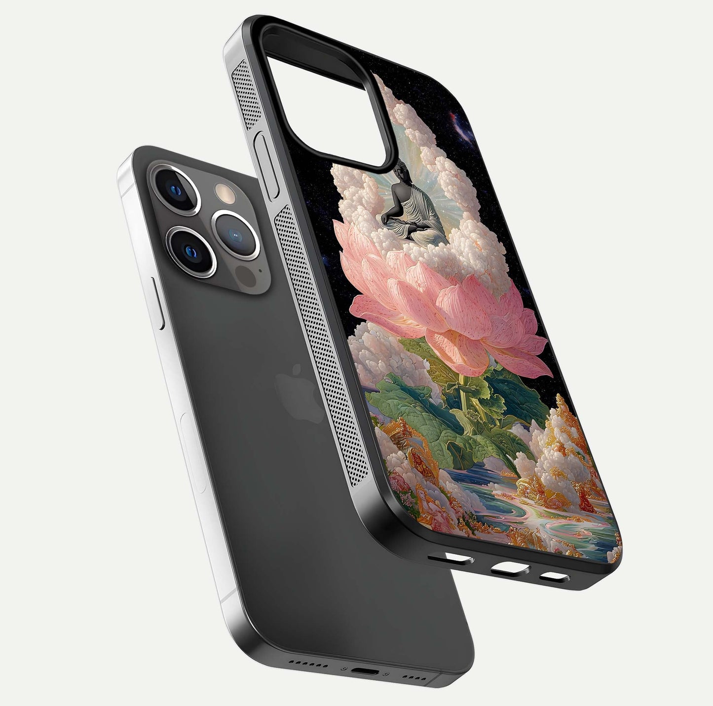 Lotus Divine Peace Glass Case for iPhone 13 Pro floating dual-view mockup with glass glow and spiritual calm art