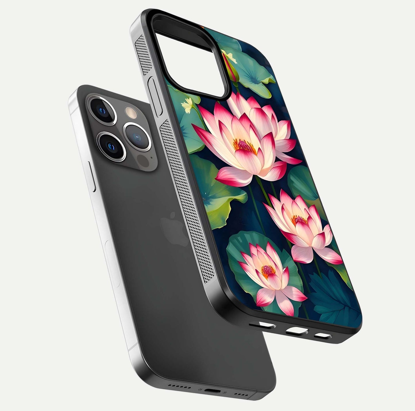 Lotus Dream Serenity Glass Case for iPhone 13 Pro floating dual-view mockup highlighting HD gloss glow