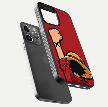 Luffy X Spirit Glass Case for iPhone 13 Pro floating dual-view mockup showing gloss polish and vibrant color depth
