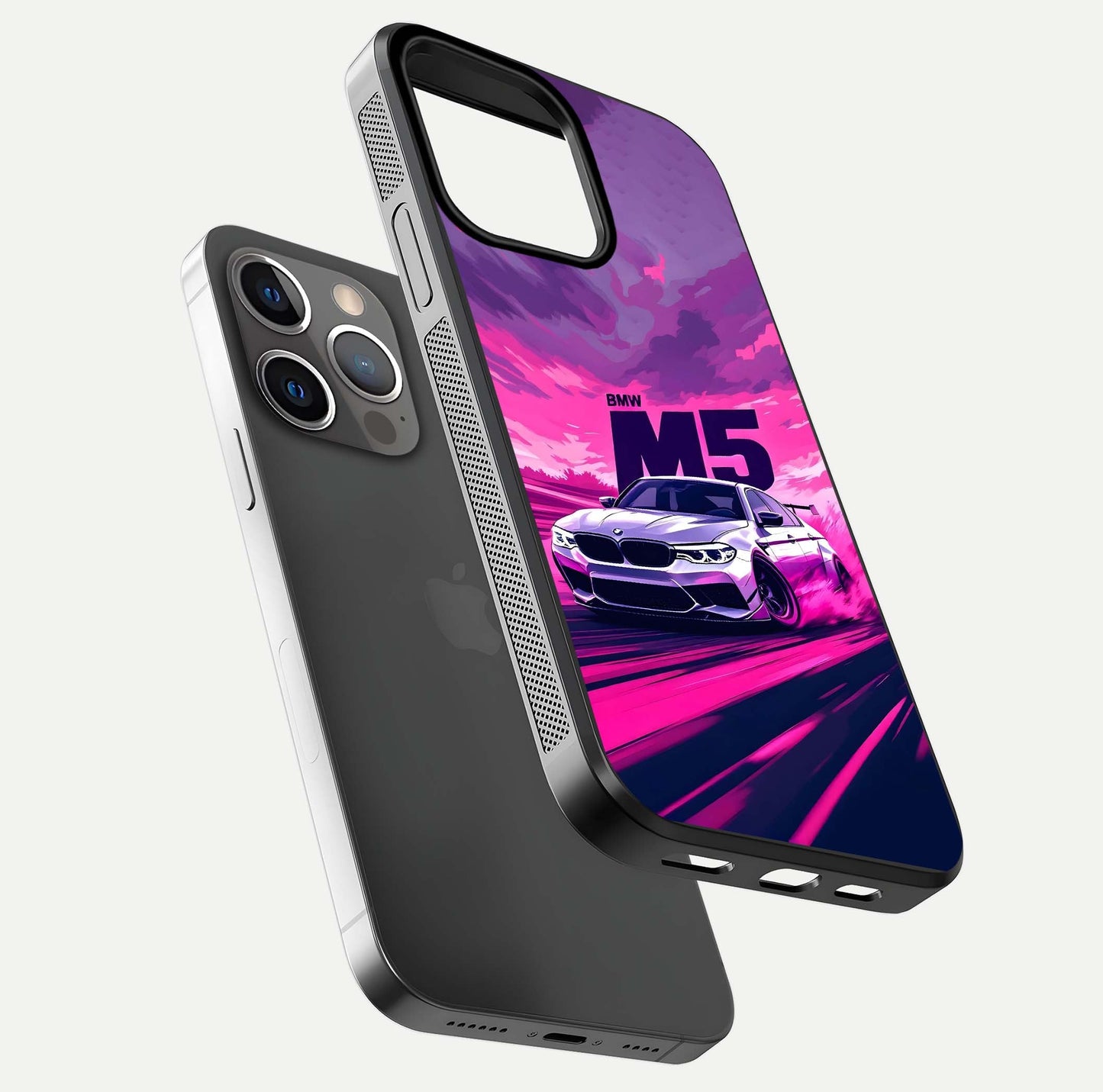 MS Neon Car Glass Case for iPhone 13 Pro floating dual-view mockup showing HD gloss and electric color tones