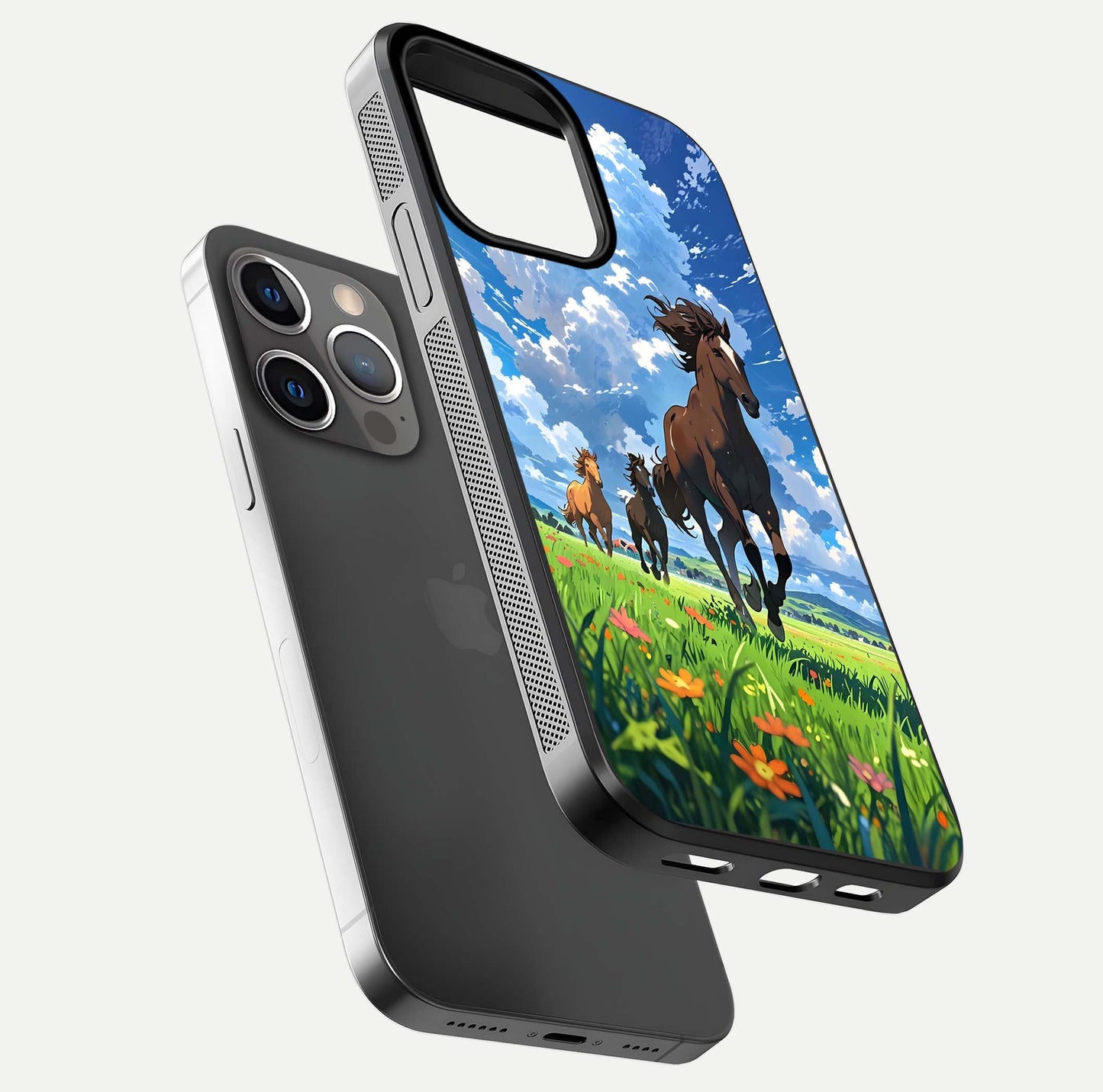 Majestic Horses Galloping Glass Case for iPhone 13 Pro floating dual-view mockup showing gloss texture and vivid tones