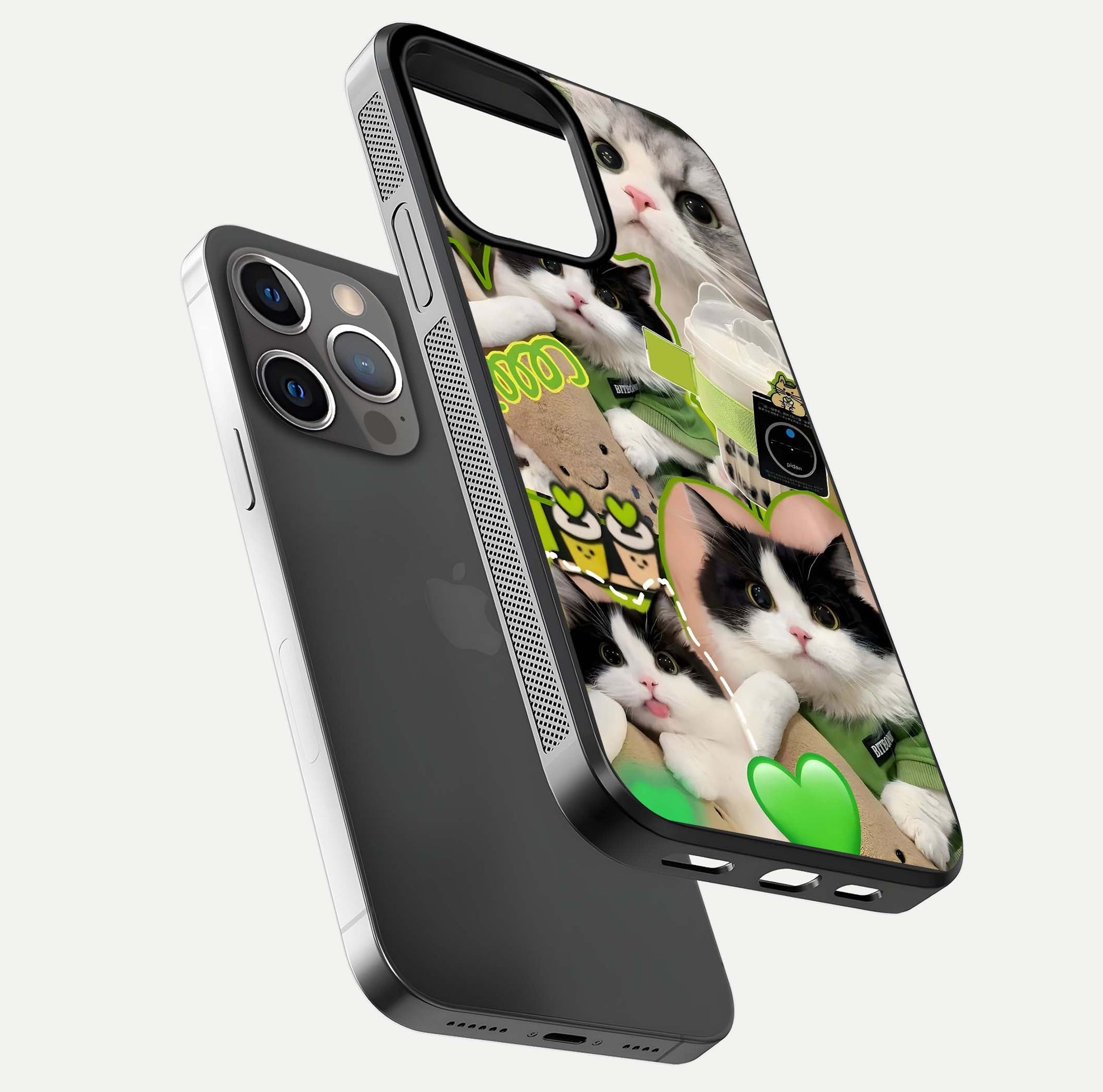 Matcha Cats Mood Glass Case for iPhone 13 Pro floating dual-view mockup showing HD gloss surface and soft tones