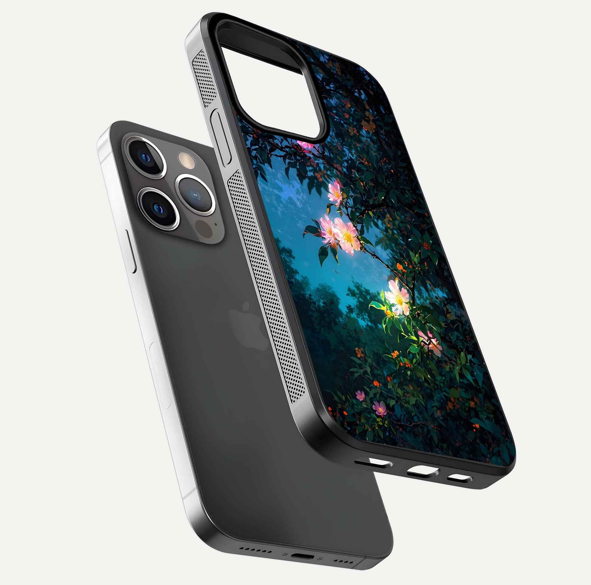 Midnight Bloom Glow Glass Case for iPhone 13 Pro floating dual-view mockup showing HD gloss and floral contrast