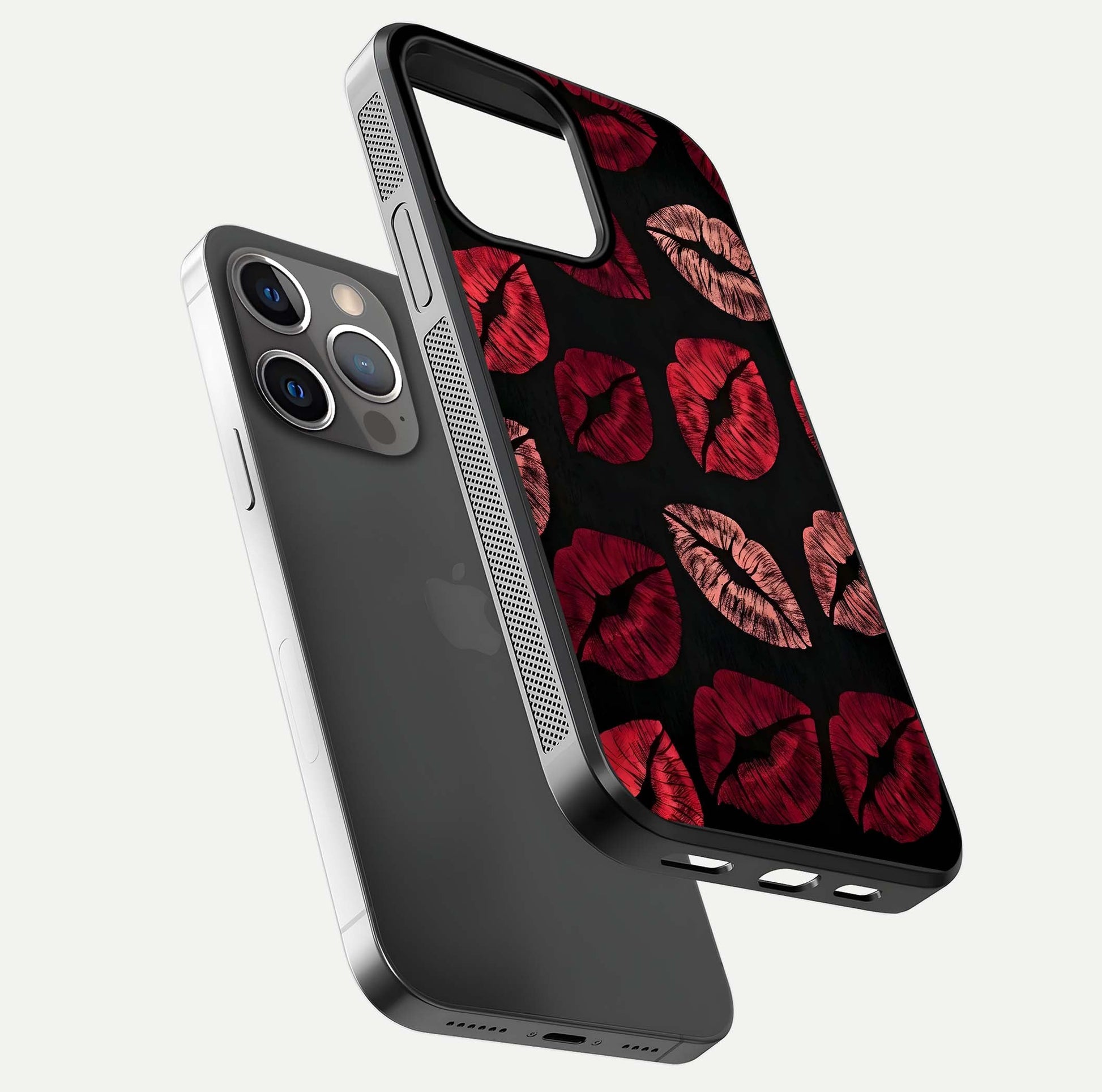Midnight Kiss Love Glass Case for iPhone 13 Pro floating dual-view mockup showing HD gloss and elegant edge design