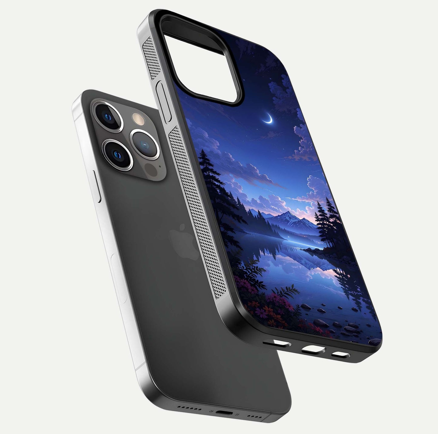 Midnight Lake Peace Glass Case for iPhone 13 Pro floating dual-view mockup showing gloss finish and peaceful art