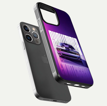 Midnight Muscle Ride Glass Case for iPhone 13 Pro floating dual-view mockup showing glossy finish and shine depth