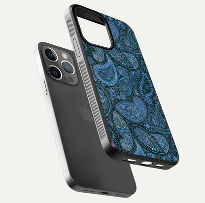 Midnight Paisley Glow Glass Case for iPhone 13 Pro floating dual-view mockup showing HD gloss and rich pattern