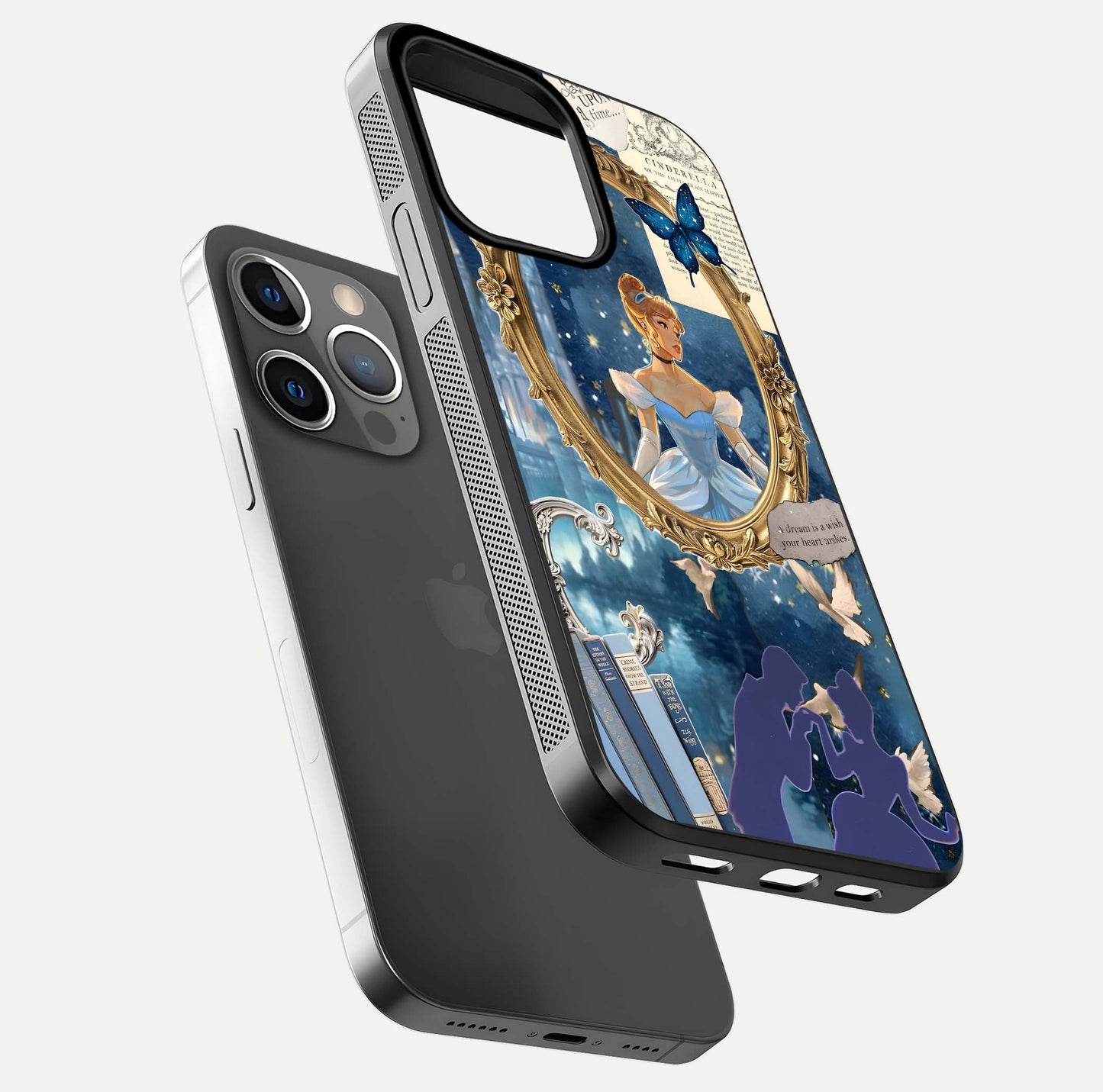 Midnight Queen Glass Case for iPhone 13 Pro floating dual-view mockup showing HD glass shine and luxury art
