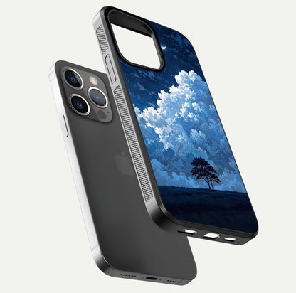 Midnight Sky Serenity Glass Case for iPhone 13 Pro floating dual-view mockup showing HD gloss and night shine