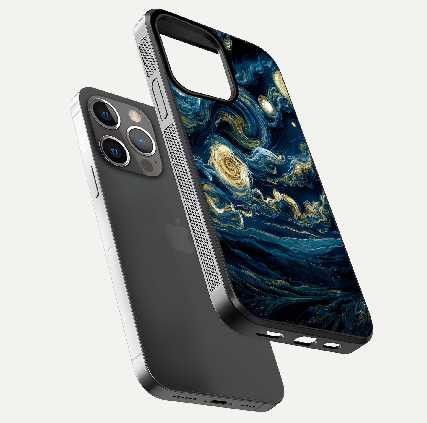 Midnight Sky Whirl Glass Case for iPhone 13 Pro floating dual-view mockup showing gloss texture and shine