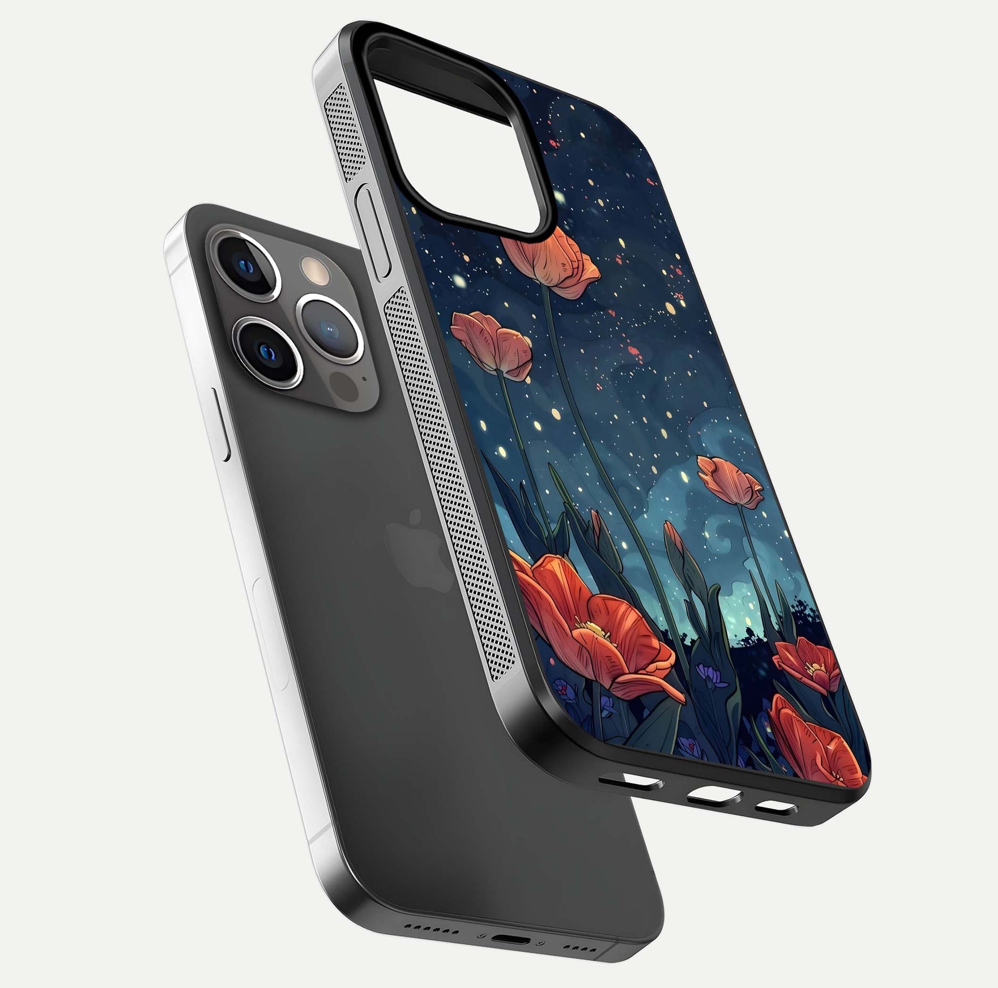 Midnight Tulip Glow Glass Case for iPhone 13 Pro floating dual-view mockup showing HD gloss and tulip tone
