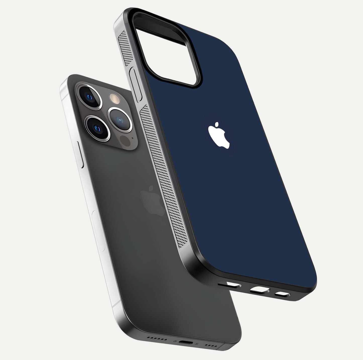 Minimal Apple Night Glass Case for iPhone 13 Pro floating dual-view mockup showing HD shine and minimal style