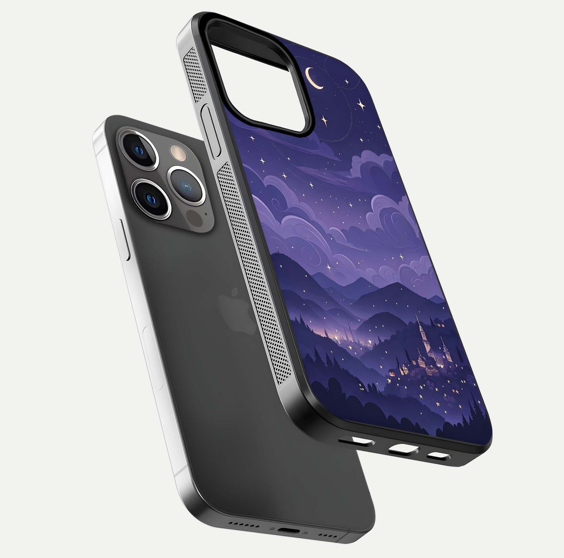 Minimal Night View Glass Case for iPhone 13 Pro floating dual-view mockup showing HD gloss and clean lines