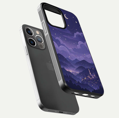 Minimal Night View Glass Case for iPhone 13 Pro floating dual-view mockup showing HD gloss and clean lines