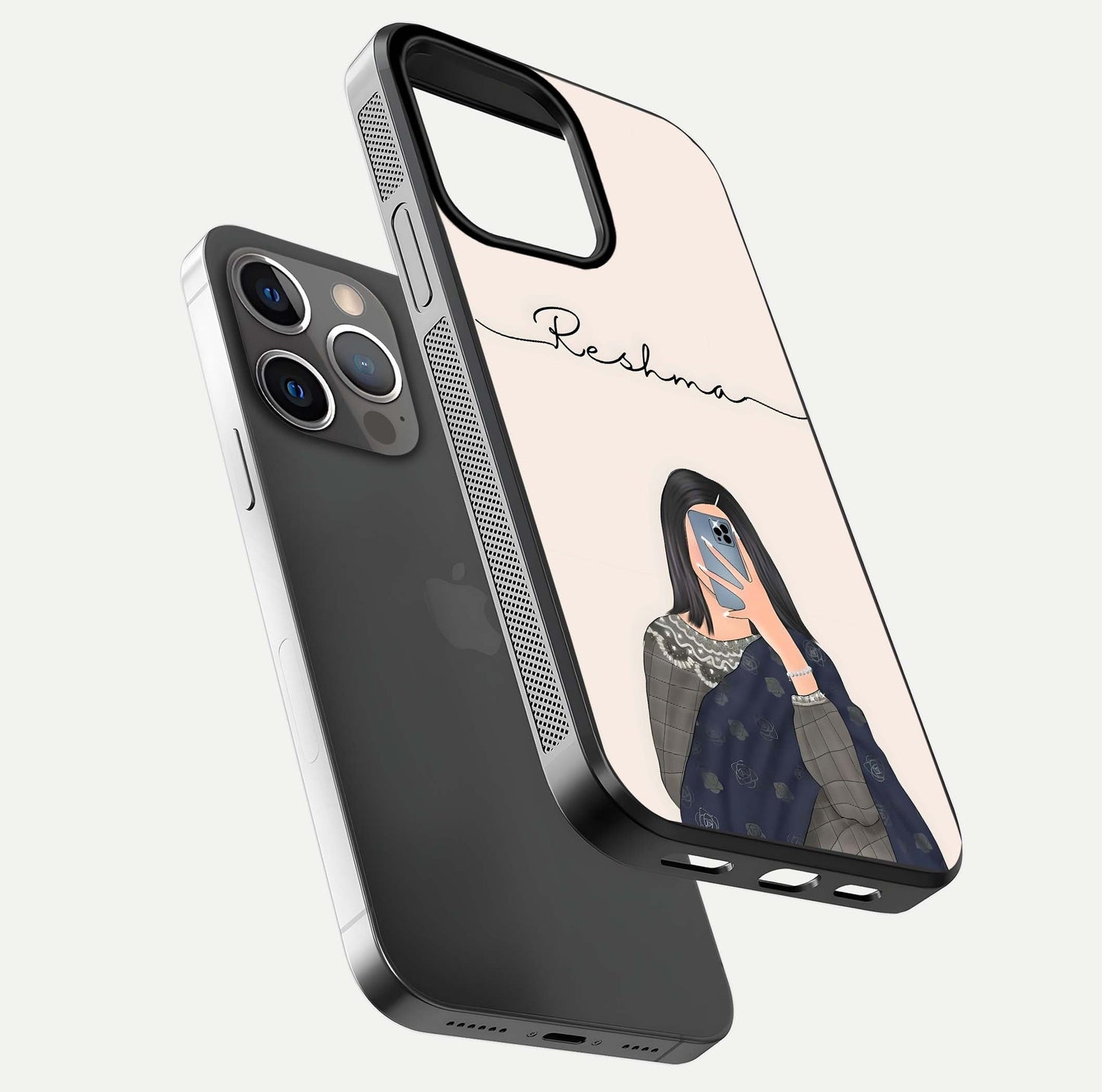 Mirror Mood Muse Custom Name Glass Case for iPhone 13 Pro floating dual-view mockup showing reflection and luxury style