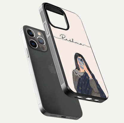 Mirror Mood Muse Custom Name Glass Case for iPhone 13 Pro floating dual-view mockup showing reflection and luxury style