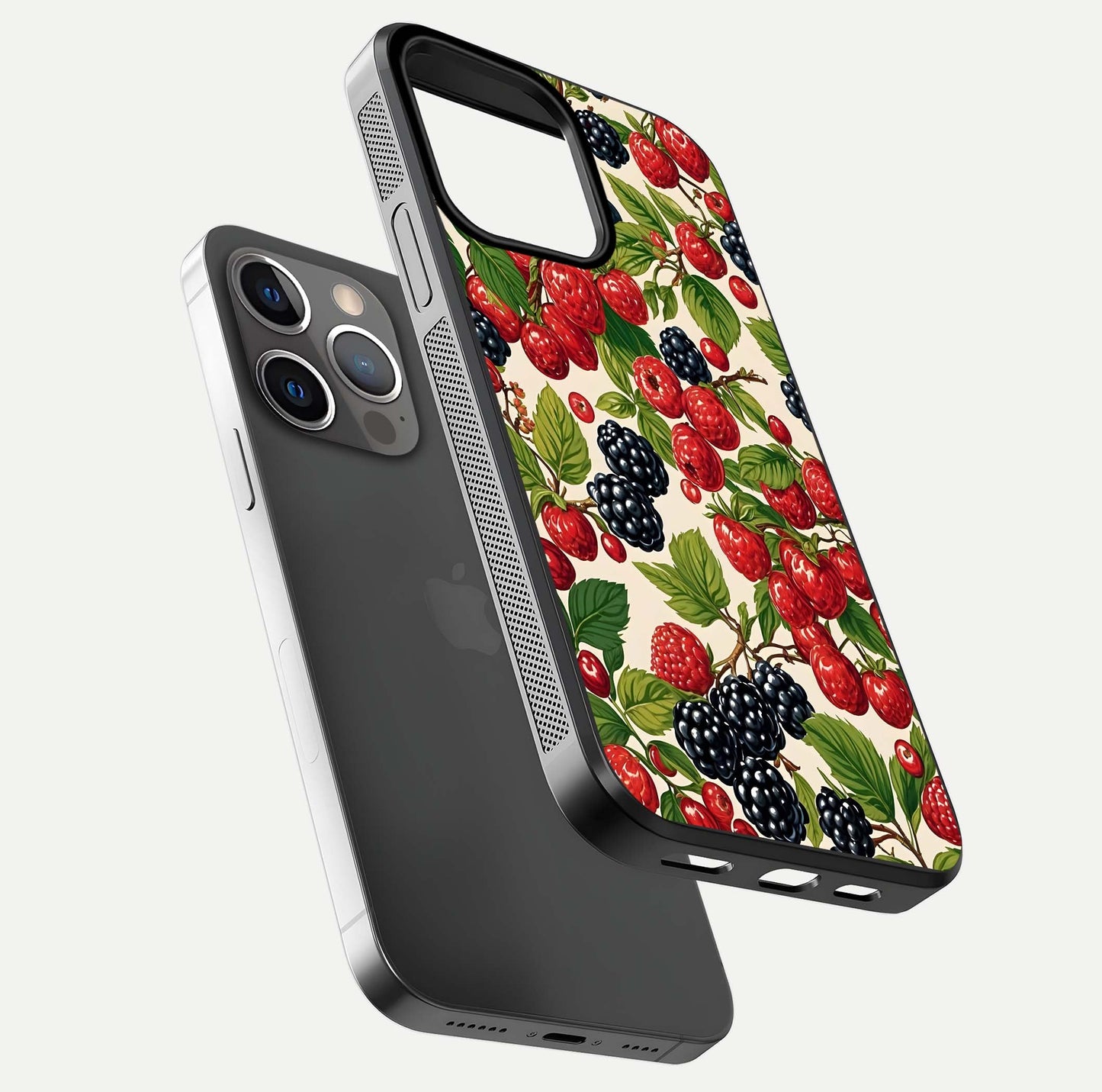 Mixed Berry Collage Glass Case for iPhone 13 Pro floating dual-view mockup showing gloss depth and vibrant design