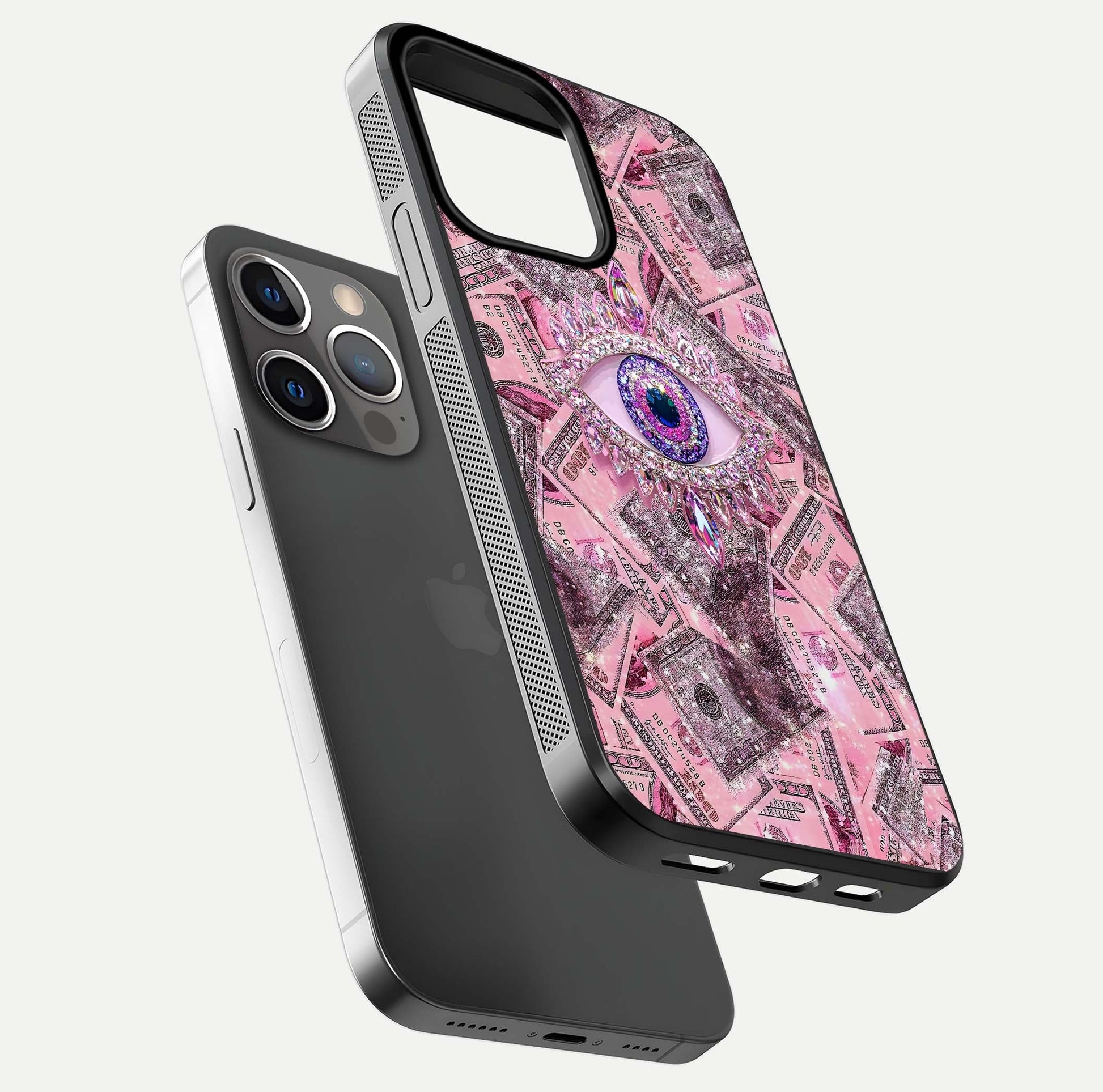 Money Eye Luxe Glass Case for iPhone 13 Pro floating dual-view mockup showing gloss surface and premium look