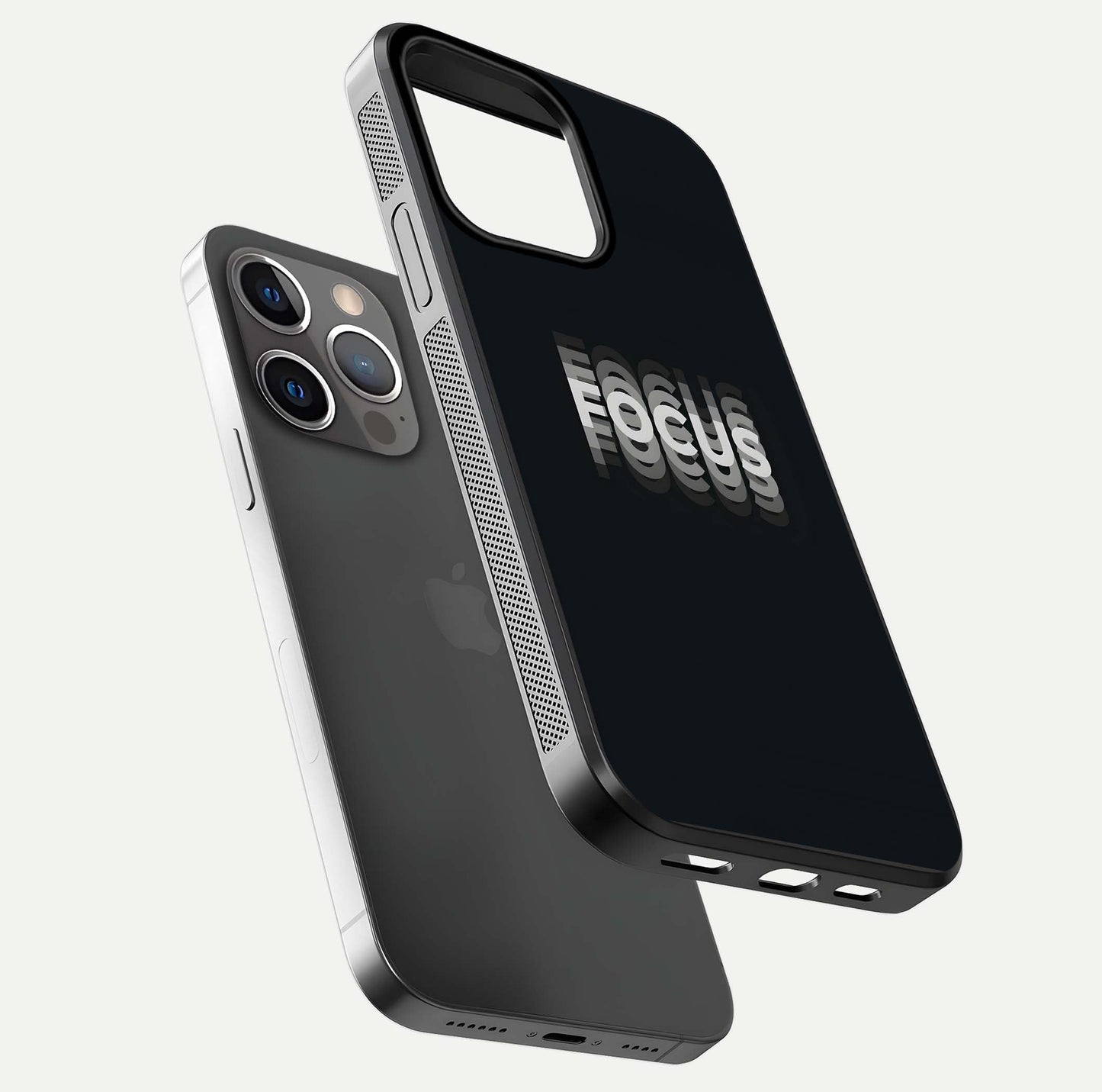 Mono Focus Vision Glass Case for iPhone 13 Pro floating dual-view mockup showing HD gloss and elegant simplicity
