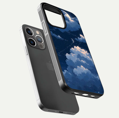 Moon Dream Haze Glass Case for iPhone 13 Pro floating dual-view mockup showing gloss texture and calm tones