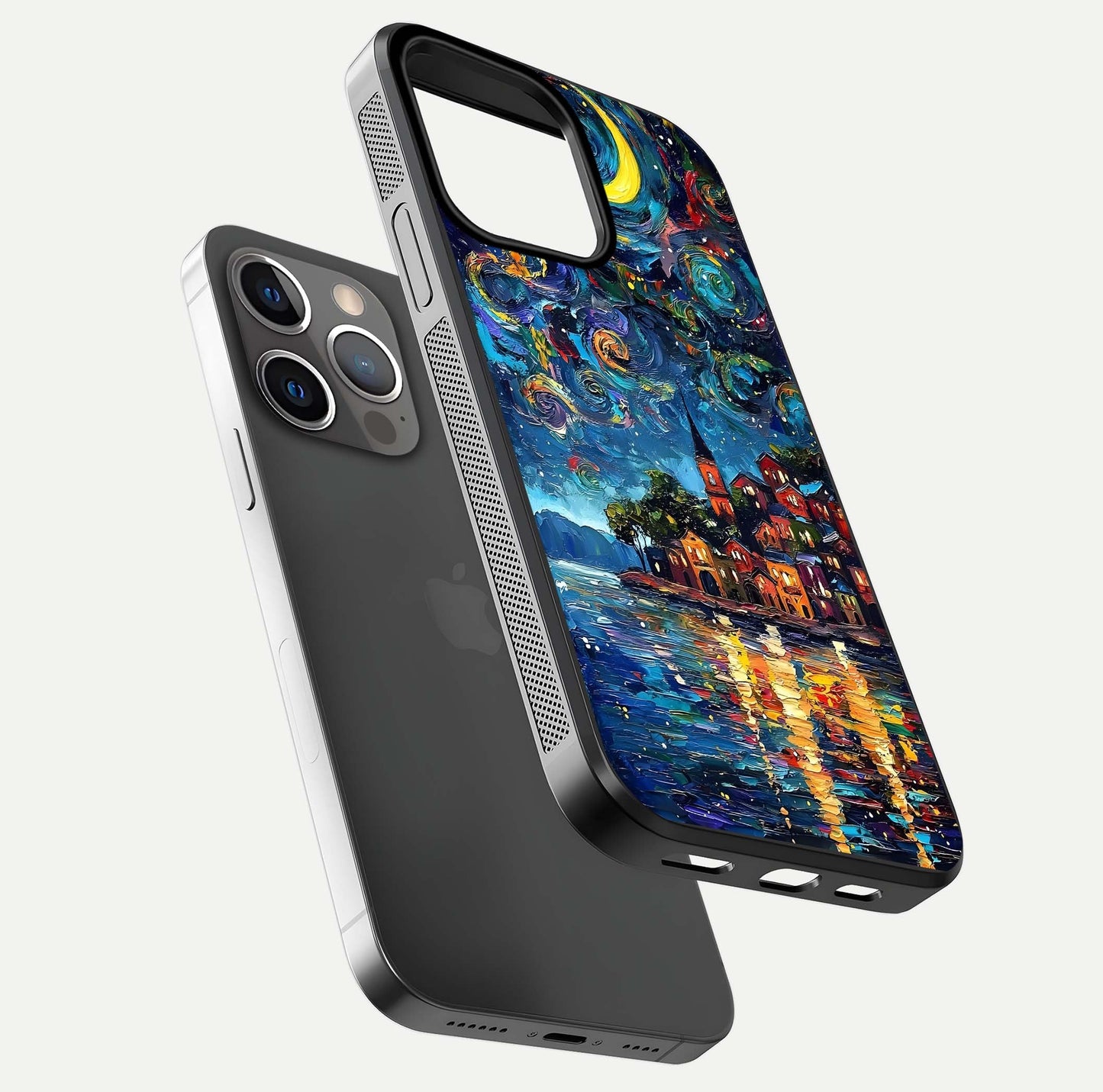 Moonlight Harbor Glow Glass Case for iPhone 13 Pro floating dual-view mockup showing gloss brightness and glow