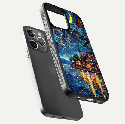 Moonlight Harbor Glow Glass Case for iPhone 13 Pro floating dual-view mockup showing gloss brightness and glow