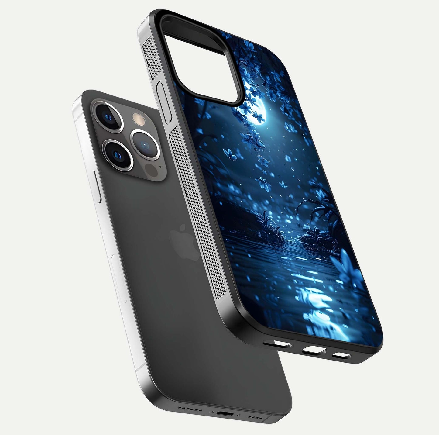 Moonlight Petal Dream Glass Case for iPhone 13 Pro floating dual-view mockup showing HD gloss and dreamy art