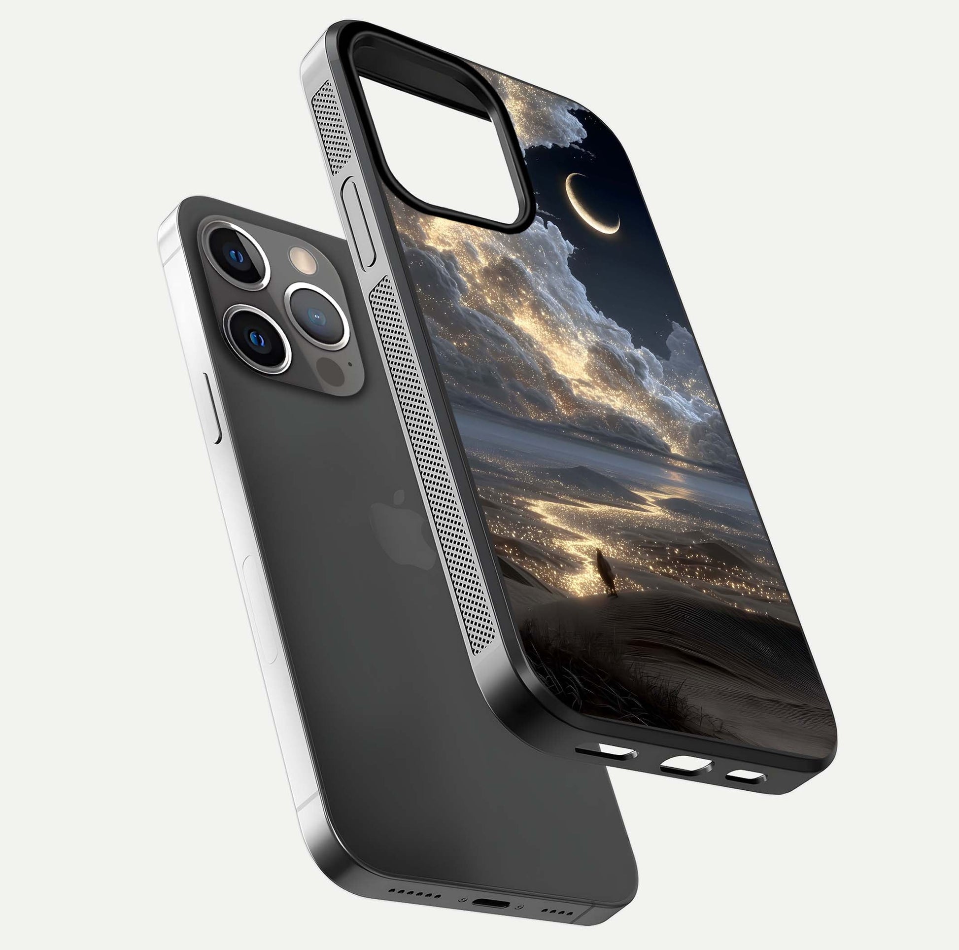 Moonlight Spark Path Glass Case for iPhone 13 Pro floating dual-view mockup showing gloss finish and shine depth