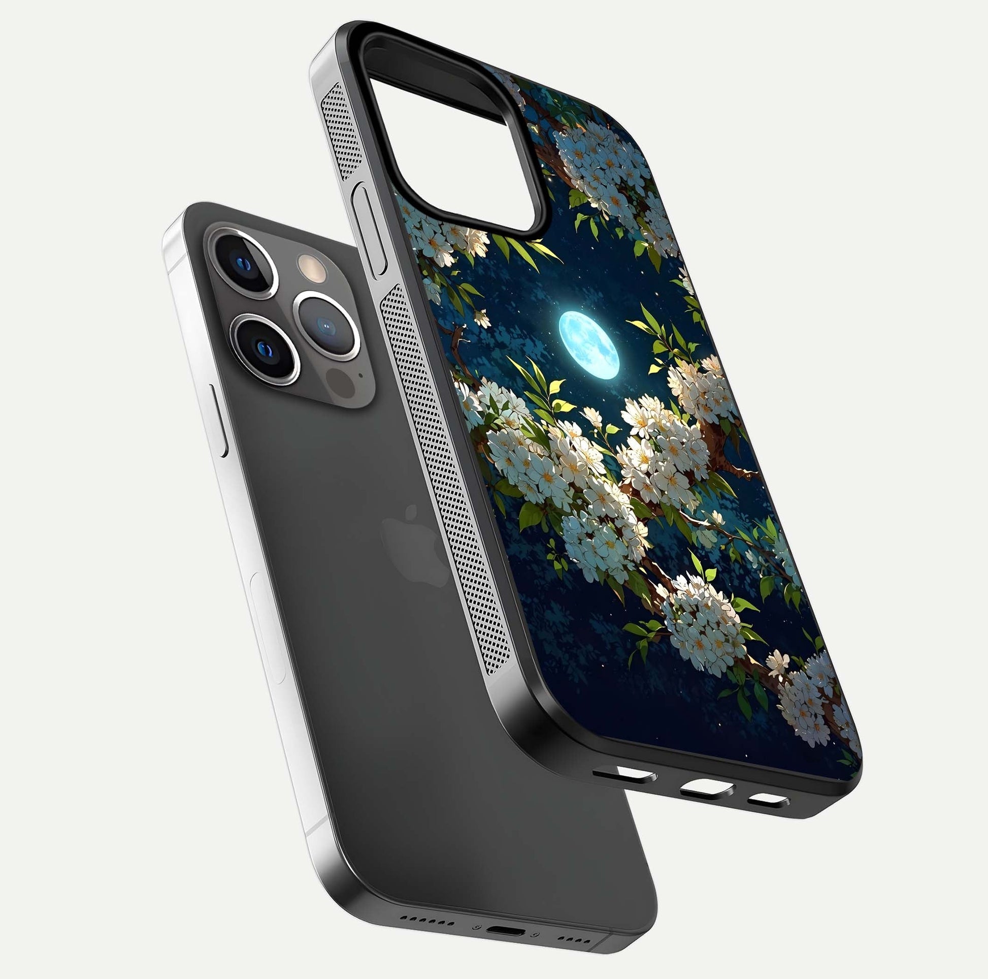 Moonlit Blossom Dream Glass Case for iPhone 13 Pro floating dual-view mockup showing gloss texture and floral tone