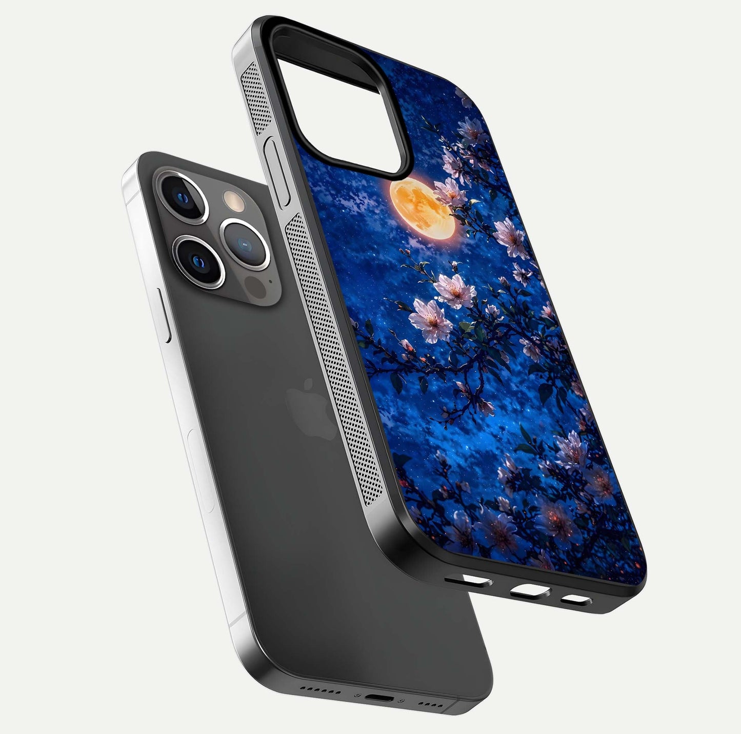 Moonlit Blossoms Night Glass Case for iPhone 13 Pro floating dual-view mockup showing HD gloss and floral contrast