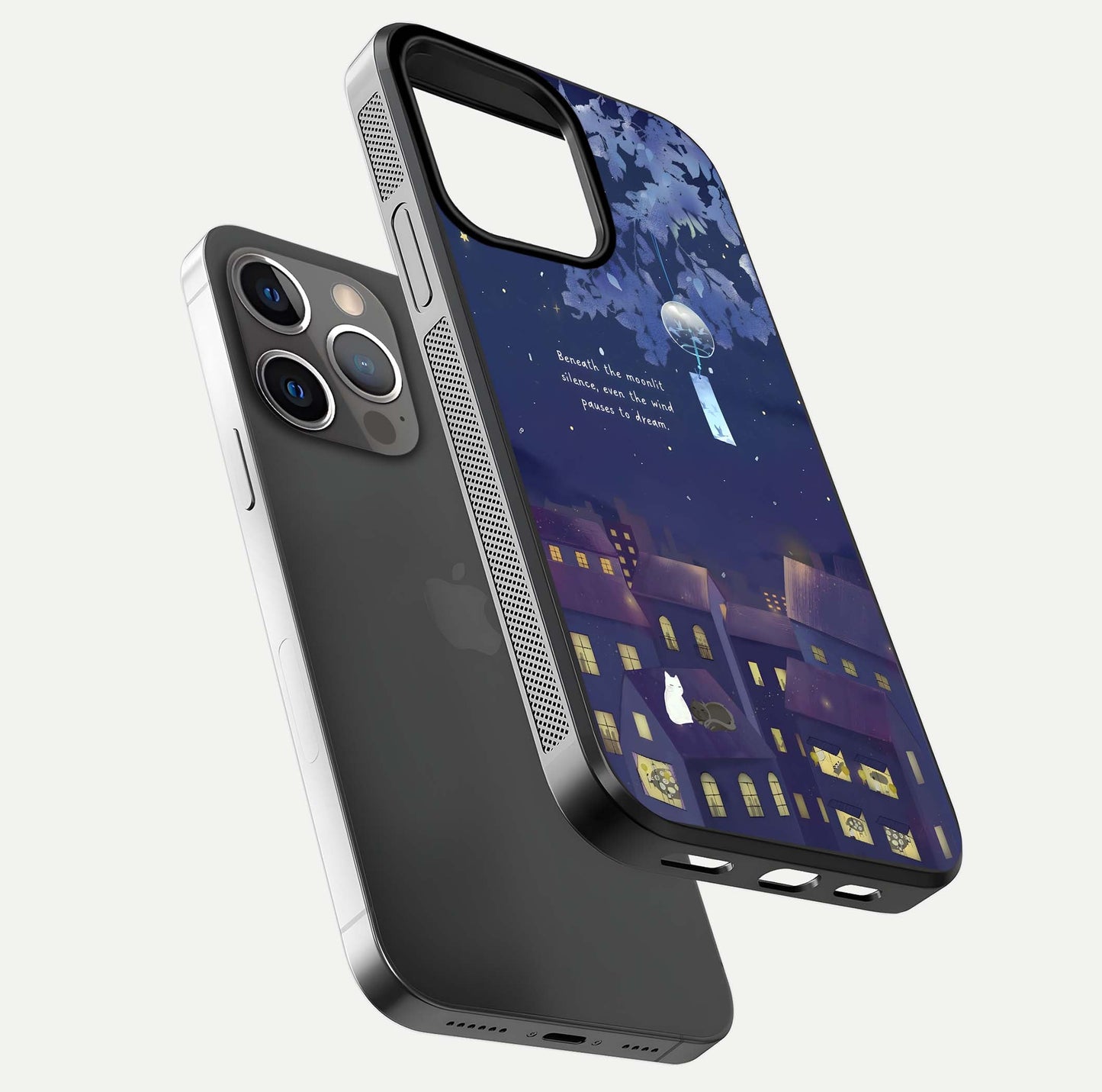 Moonlit Cat Silence Glass Case for iPhone 13 Pro floating dual-view mockup showing gloss reflection and moon art