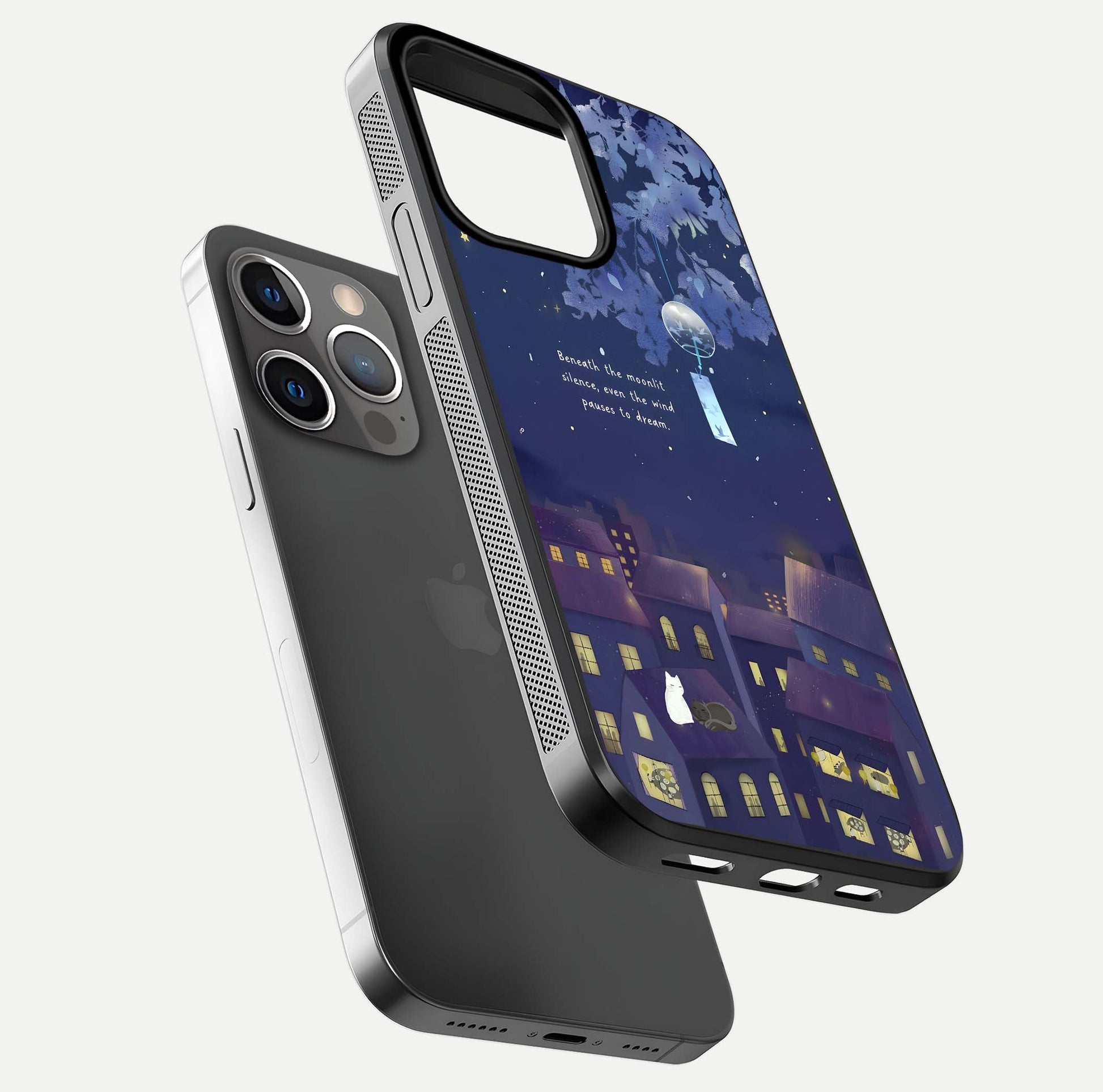 Moonlit Cat Silence Glass Case for iPhone 13 Pro floating dual-view mockup showing gloss reflection and moon art