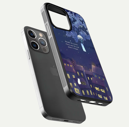 Moonlit Cat Silence Glass Case for iPhone 13 Pro floating dual-view mockup showing gloss reflection and moon art