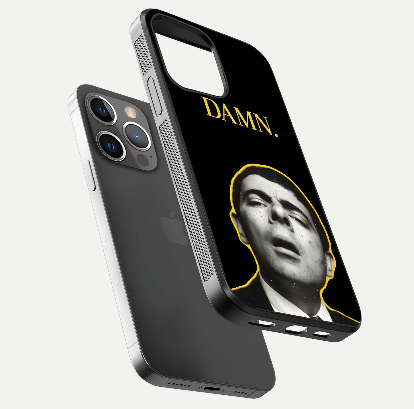 Mr Bean Damn Glass Case for iPhone 13 Pro floating dual-view mockup showing reflective gloss and vivid tones