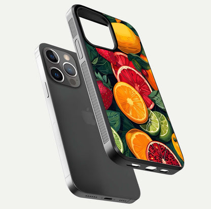 Multiple Fruits Glass Case for iPhone 13 Pro floating dual-view mockup showing reflection depth and freshness