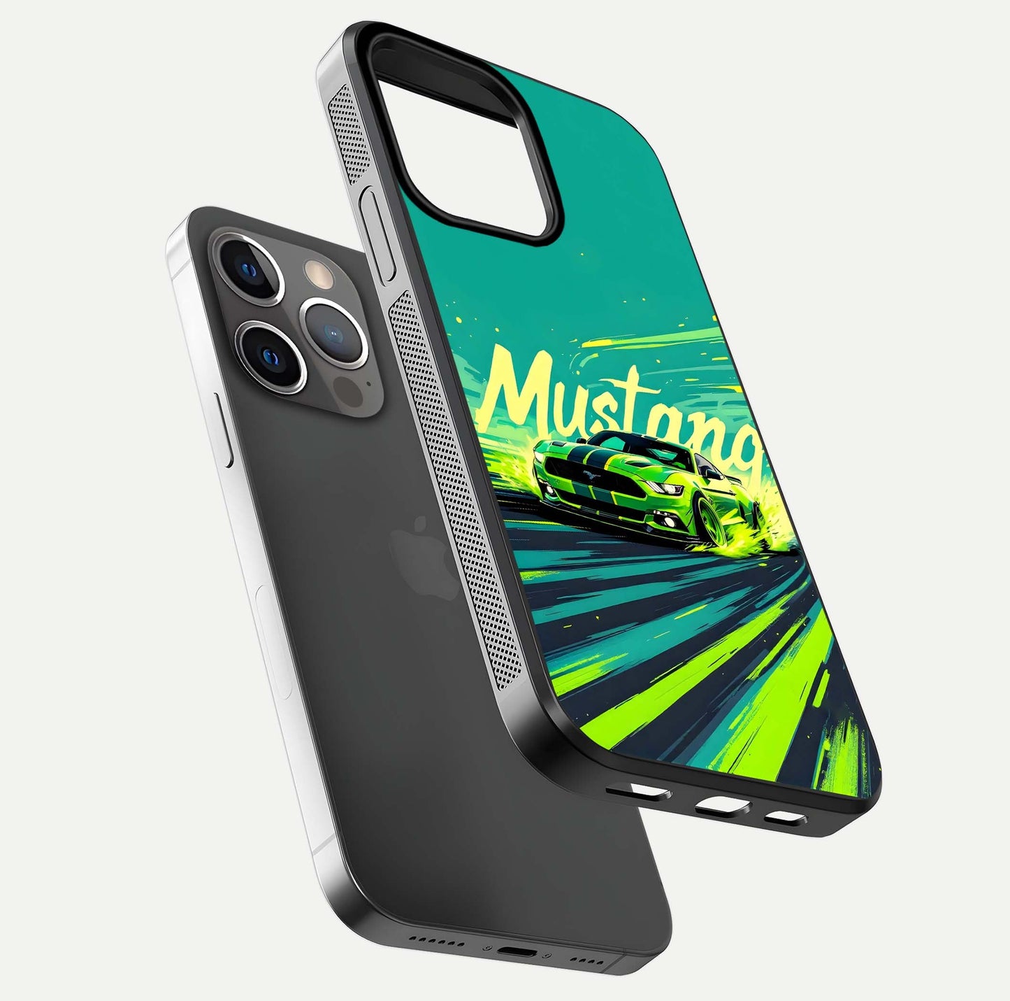 Mustang Bang Glass Case for iPhone 13 Pro floating dual-view mockup showing gloss depth and power design