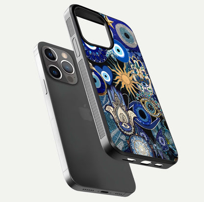 Mystic Blue Evil Eye Glass Case for iPhone 13 Pro floating dual-view mockup showing gloss depth and sacred symbol