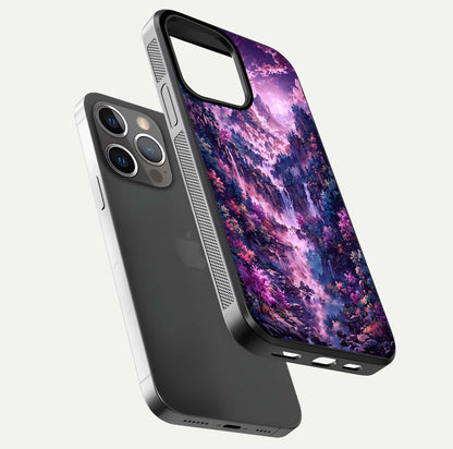 Mystic Cascade Peaks Glass Case for iPhone 13 Pro floating dual-view mockup showing gloss texture and depth