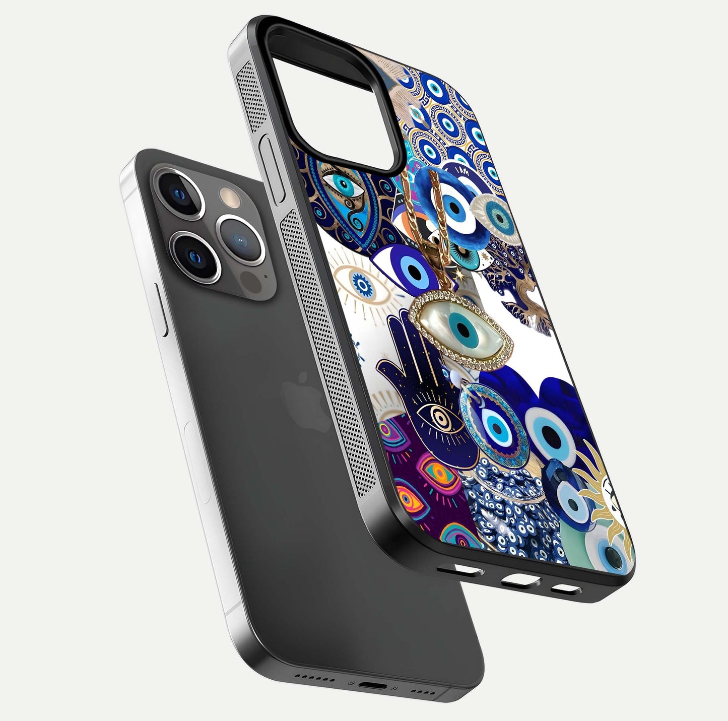 Mystic Charm Eye Glass Case for iPhone 13 Pro floating dual-view mockup showing gloss glow and charm symbol