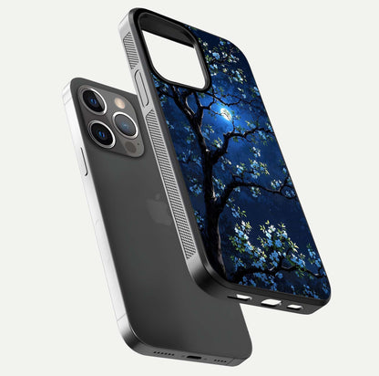 Mystic Floral Night Glass Case for iPhone 13 Pro floating dual-view mockup displaying shine and rich color depth