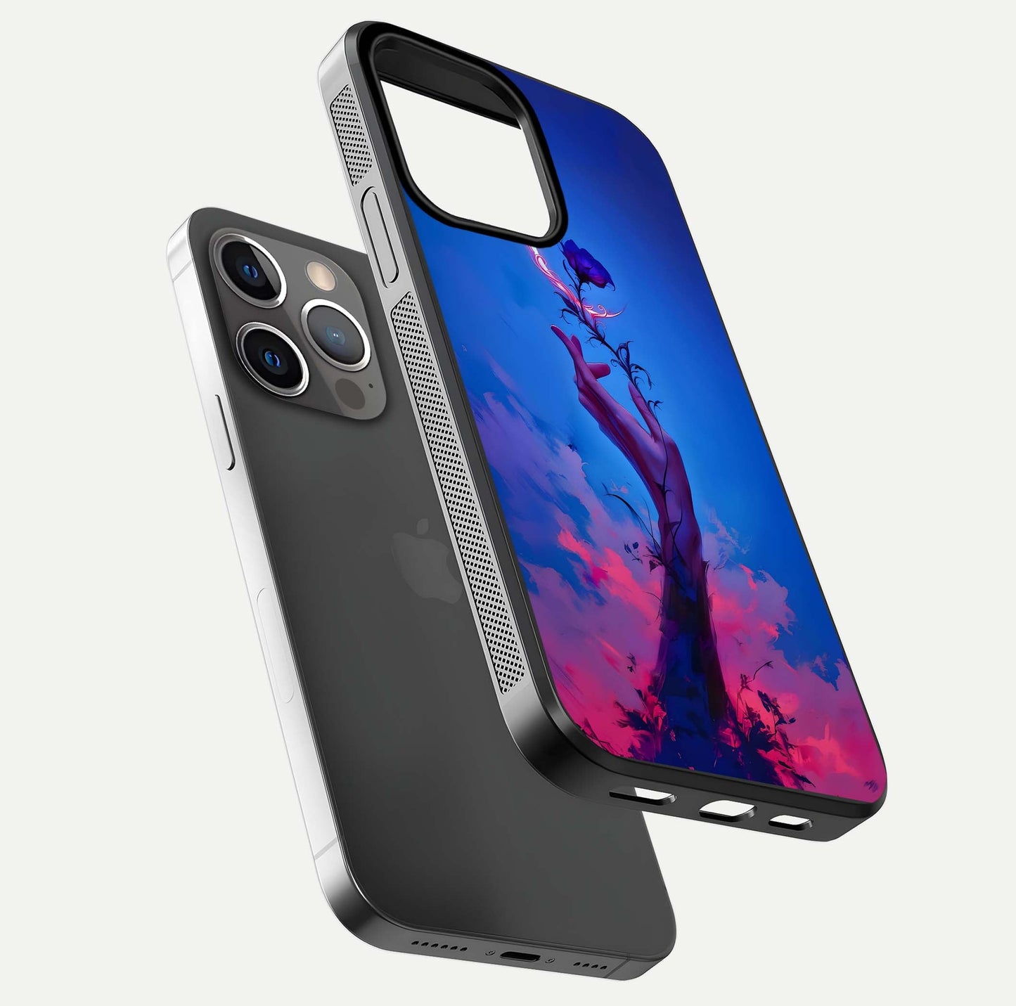 Mystic Hand Glass Case for iPhone 13 Pro floating dual-view mockup showing HD shine and fine palm detail