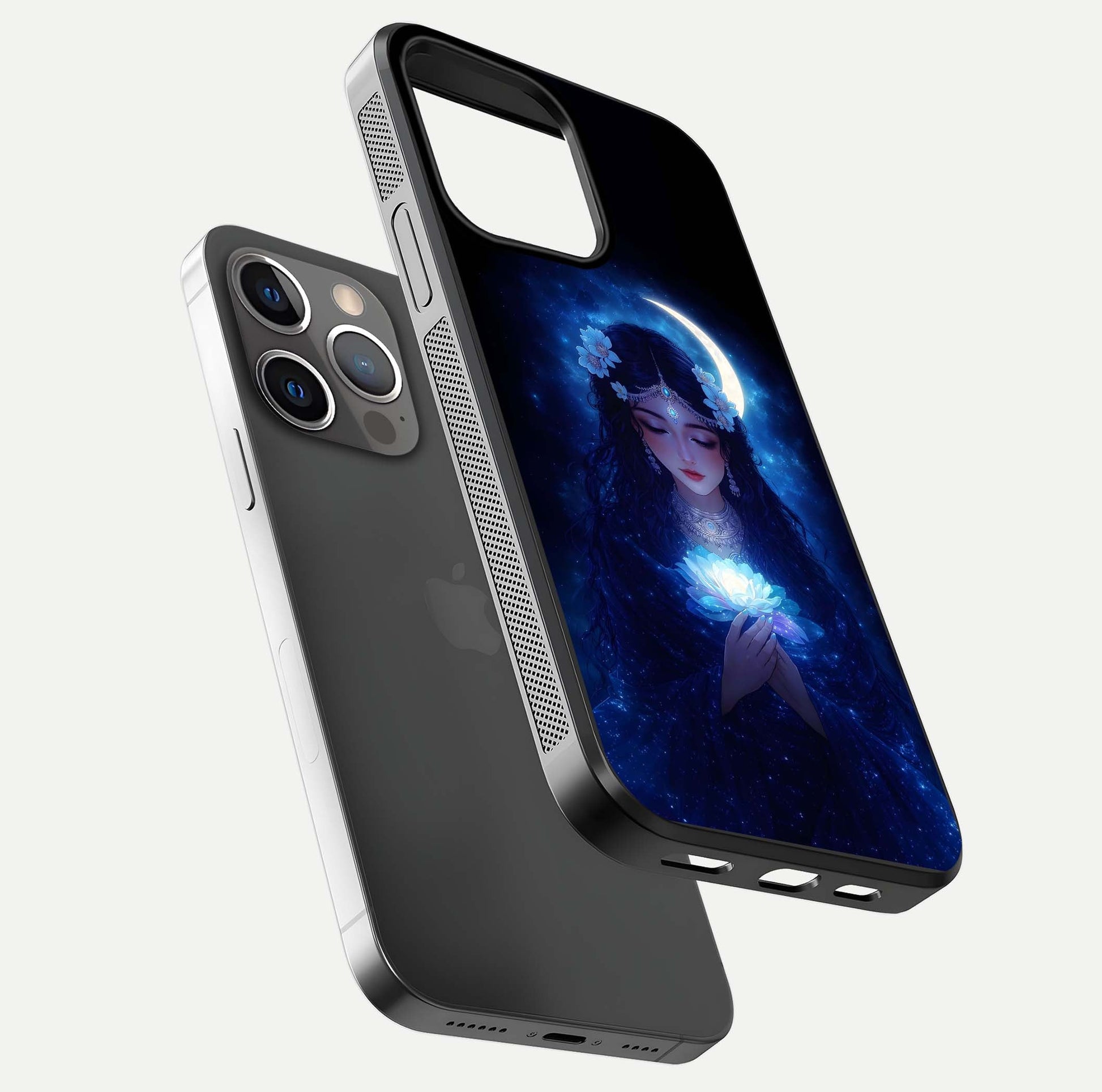 Mystic Moon Queen Glass Case for iPhone 13 Pro floating dual-view mockup showing HD gloss and cosmic glow