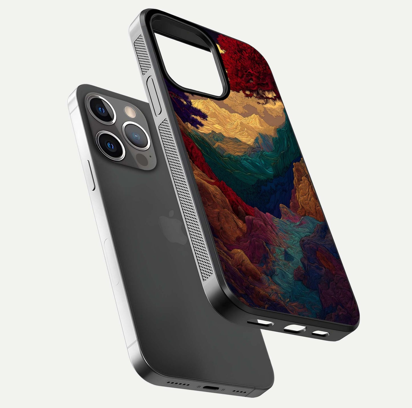 Mystic Valley Light Glass Case for iPhone 13 Pro floating dual-view mockup showing HD gloss and light blend
