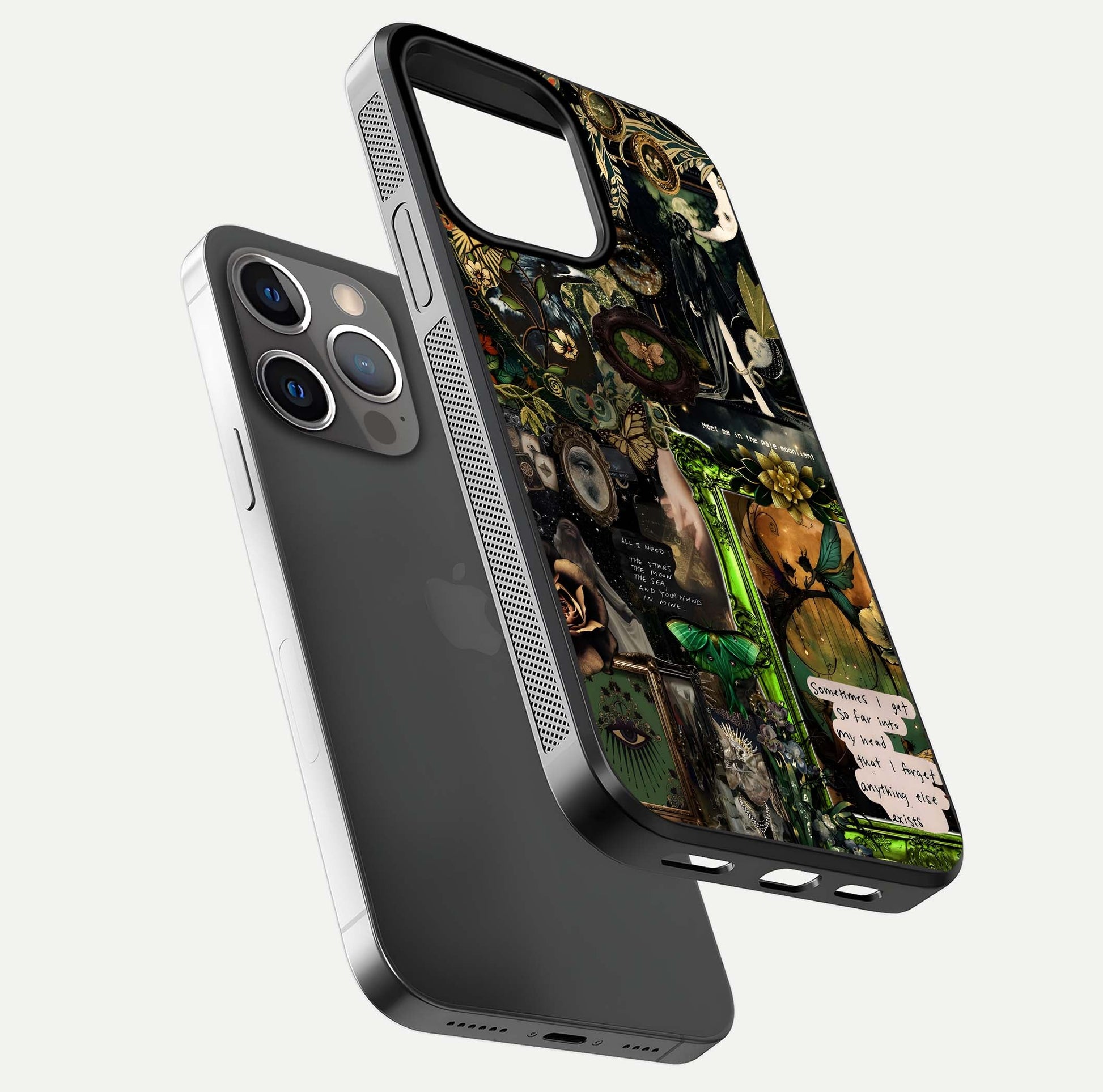 Mystic Woods Secret Glass Case for iPhone 13 Pro floating dual-view mockup showing HD shine and depth