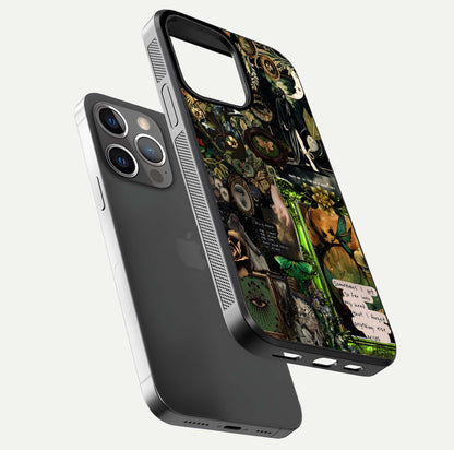 Mystic Woods Secret Glass Case for iPhone 13 Pro floating dual-view mockup showing HD shine and depth