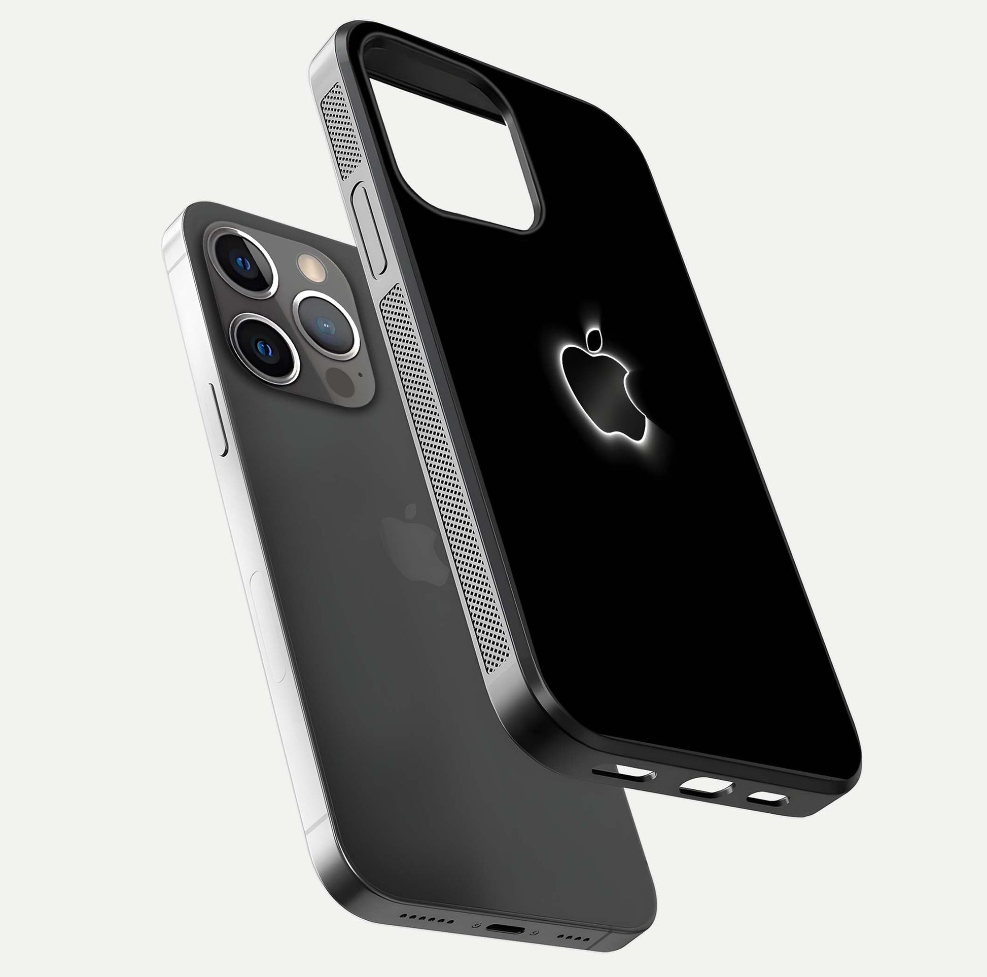 Neon Apple Glow Glass Case for iPhone 13 Pro floating dual-view mockup showing HD shine and modern look